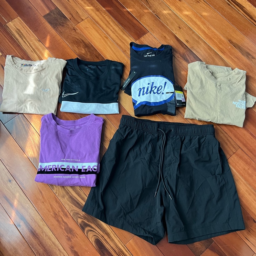 Junior men’s tees and shorts.lot of 5, Nike ,AE , north face, H&M, Hollister